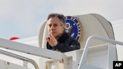 Secretary of State Antony Blinken arrives at Incirlik Air Base near Adana, Turkey, Feb. 19, 2023. (Clodagh Kilcoyne/Pool Photo via AP)